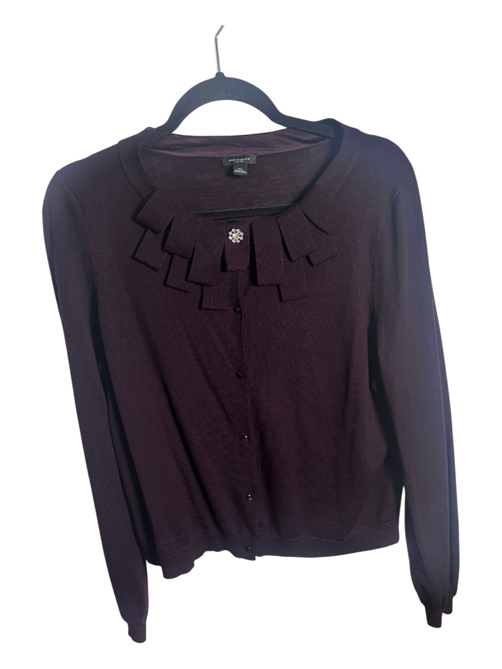Ann Taylor Merino Wool Plum Ruffle Collar Cardigan with Jeweled Accent